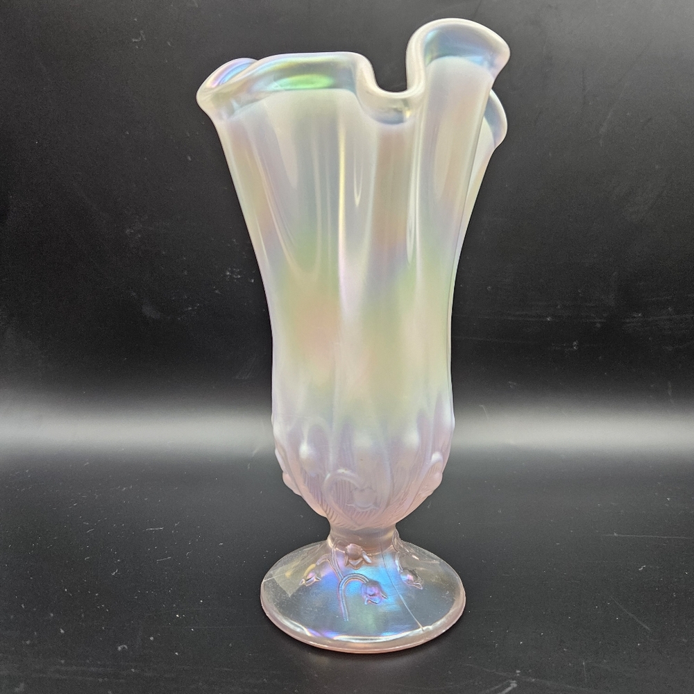 Fenton Pink and White Glass Art Vase with Iridescent Finish